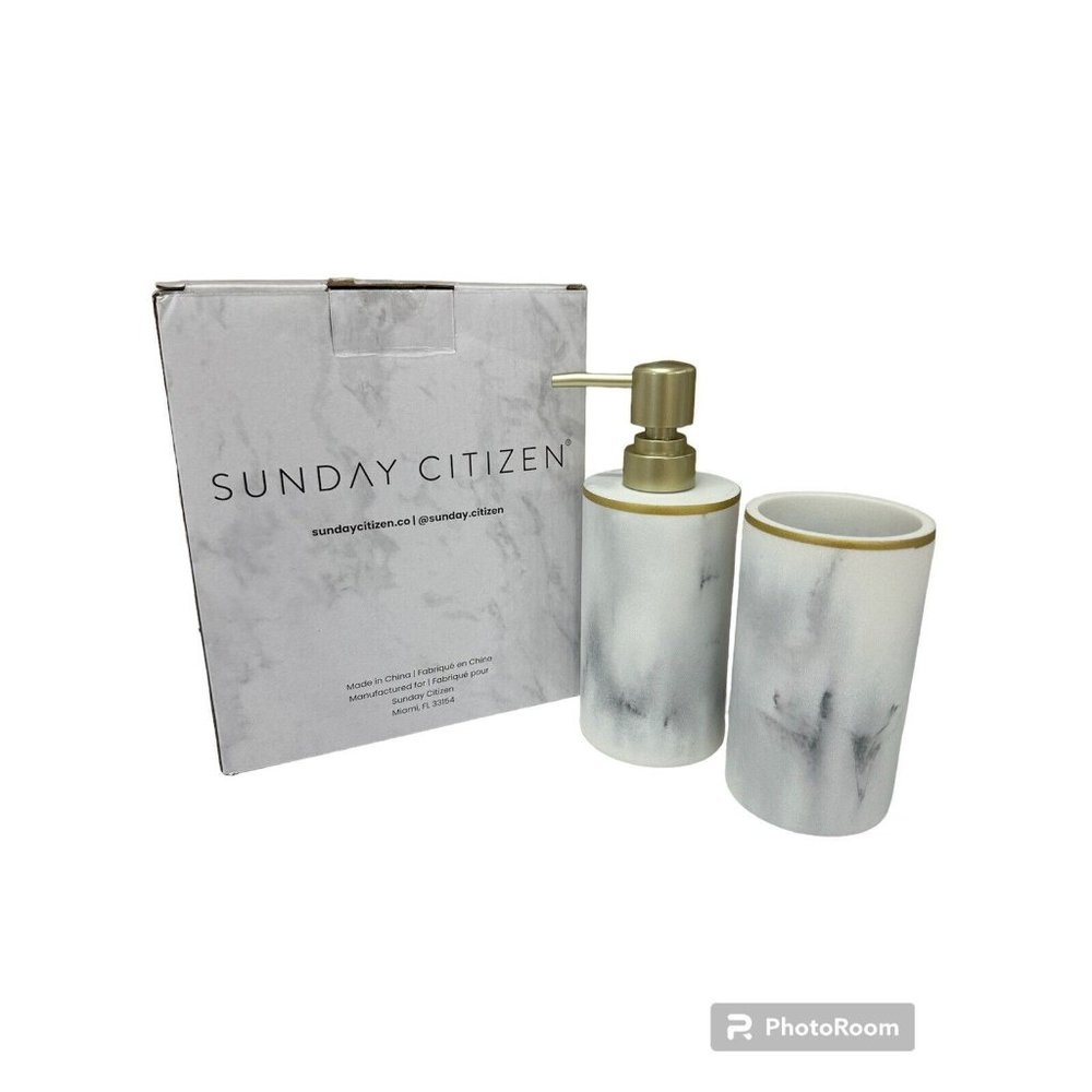 Sunday Citizen Bathroom Set Soap Dispenser Toothbrush Cup ￼Marble Look New w Box